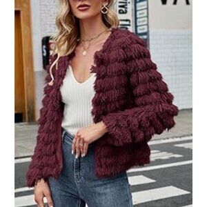 She + Sky Womens Size Small Burgundy Open Fringe Cardigan Jacket Faux Fur